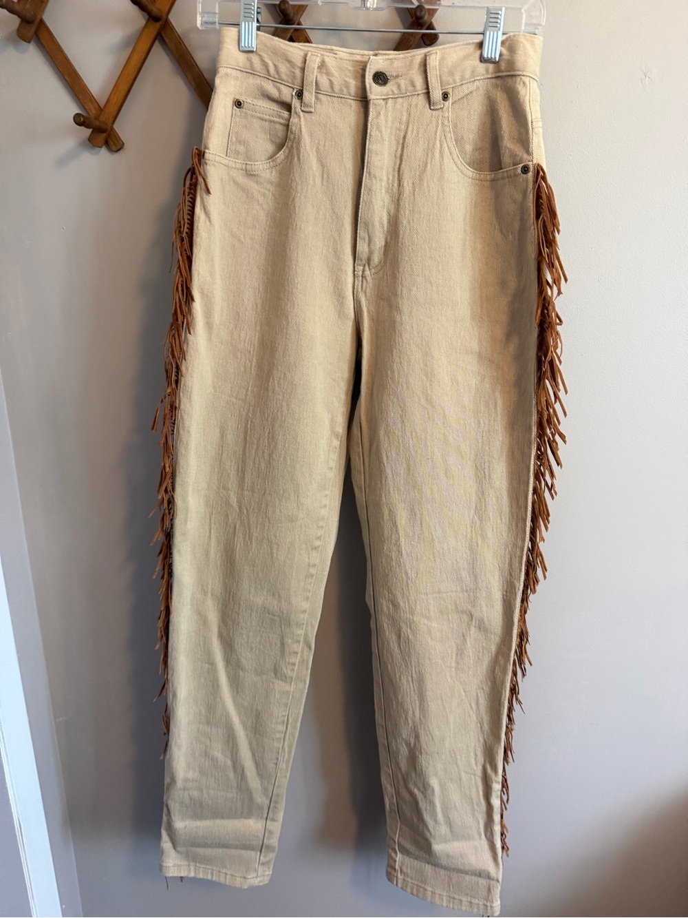 Leigh Morgan Vintage Faux Suede Fringe High Waist Western Beige Pants 8